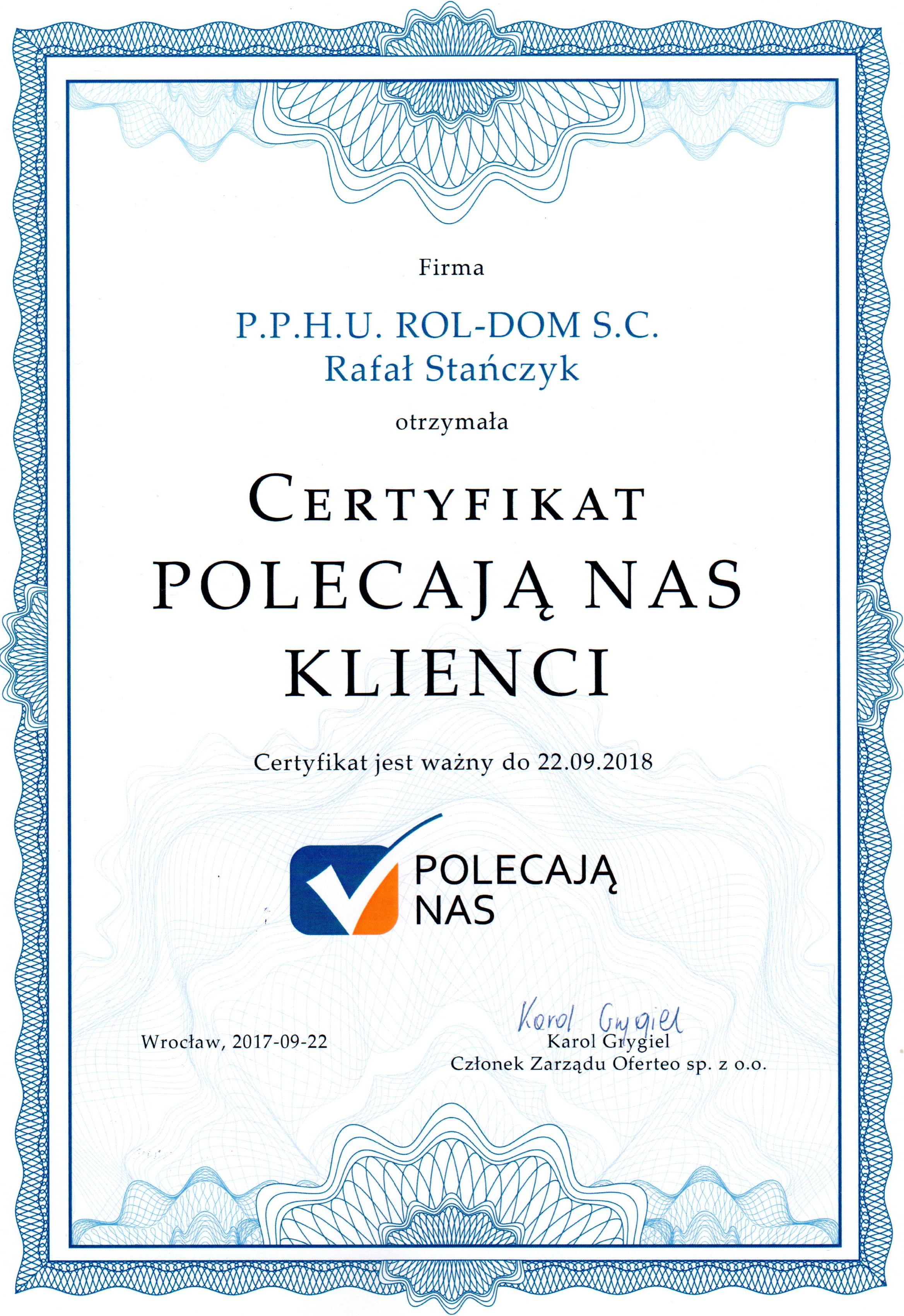 Zdjęcie do artykułu Firma Rol-Dom z certyfikatami profesjonalizmu , jakości oraz zaufania klientów